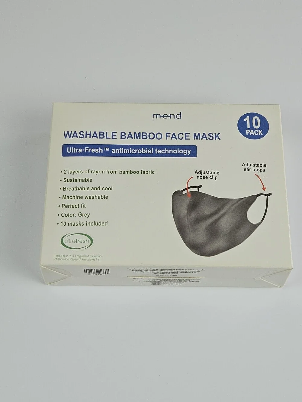 Mend Washable Bamboo Face Mask 10 Pack Unisex Sustainable Breathable Cool Gray